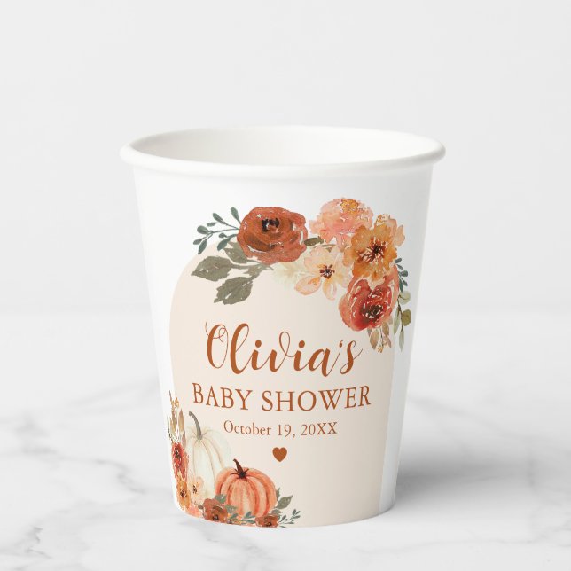 Watercolor Rustic Fall Little Pumpkin Baby Shower Paper Cups (Front)