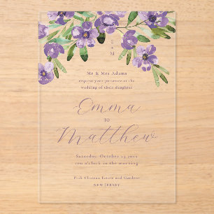 Watercolor Rustic Flowers Purple Wedding Acrylic Invitations