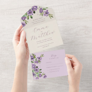 Watercolor Rustic Flowers Purple Wedding All In One Invitation