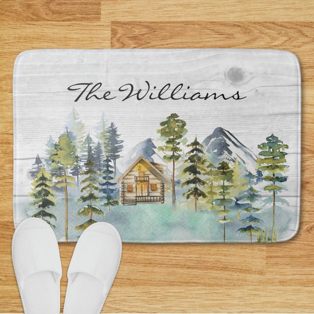 Watercolor Rustic Foggy Forest Mountain Cabin Bath Mat (In situ)