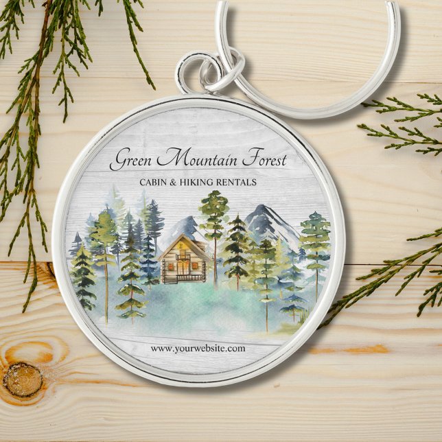 Watercolor Rustic Foggy Forest Mountain Cabin Key Ring (In situ)
