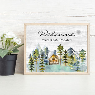 Watercolor Rustic Foggy Forest Mountain Cabin Poster