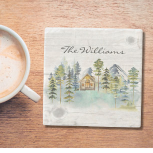 Watercolor Rustic Foggy Forest Mountain Cabin Stone Coaster