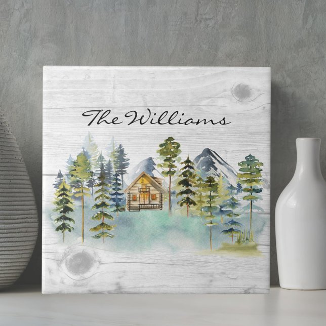 Watercolor Rustic Foggy Forest Mountain Cabin Tile (Close up)