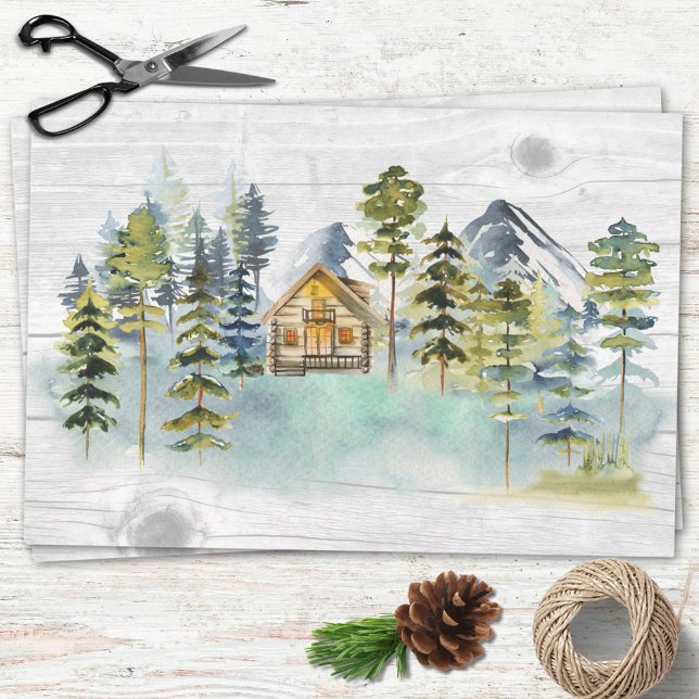 Watercolor Rustic Foggy Forest Mountain Cabin Tissue Paper (In situ)