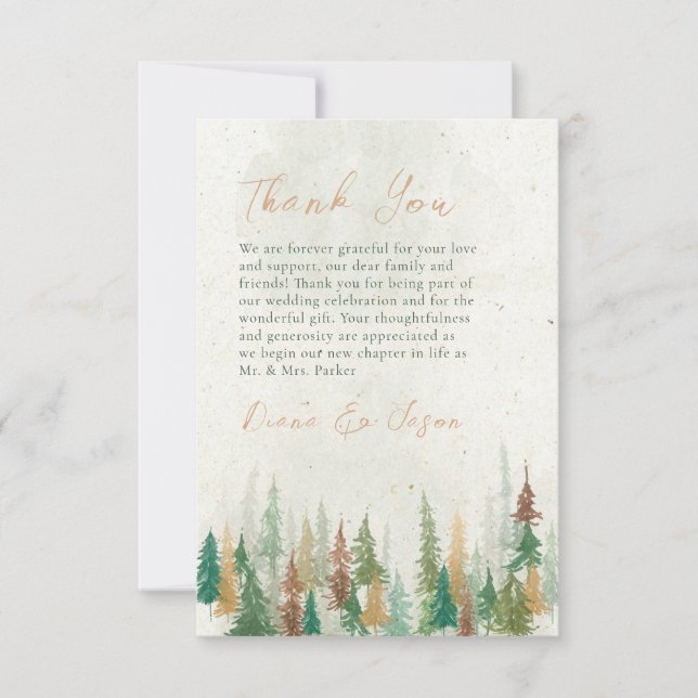 Watercolor Rustic forest pine trees  Thank You Card (Front)