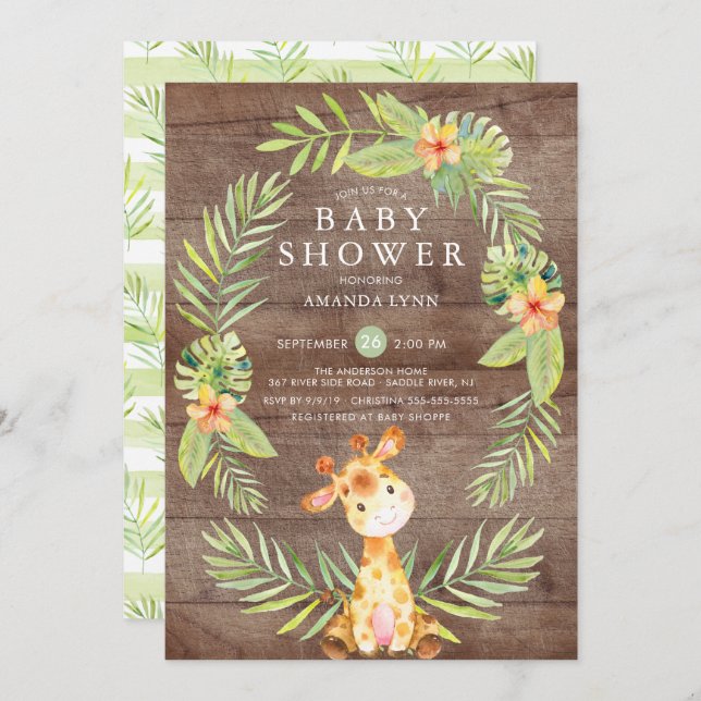 Watercolor Rustic Giraffe Baby Shower Invitation (Front/Back)