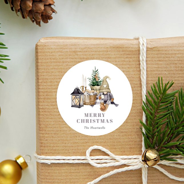 Watercolor Rustic Gnome Holiday Classic Round Sticker (Creator Uploaded)