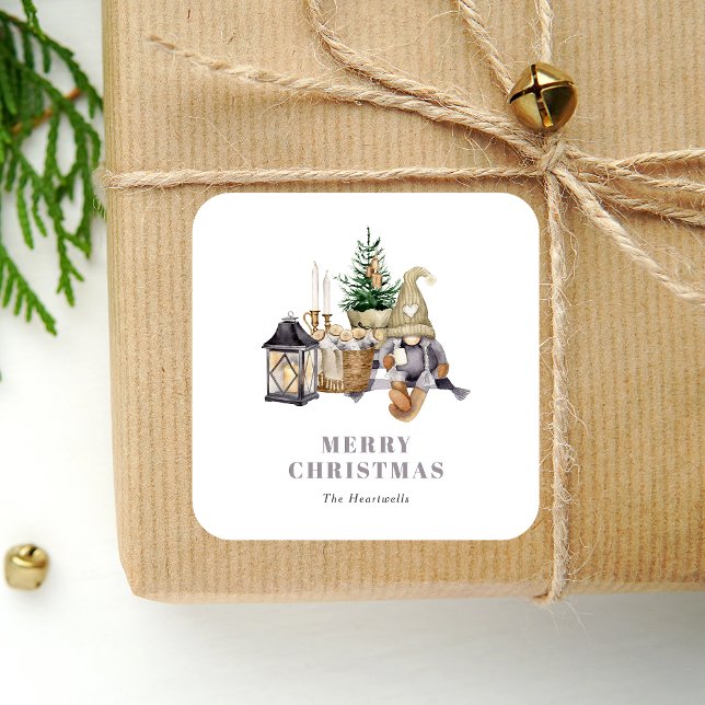 Watercolor Rustic Gnome Holiday Square Sticker (Creator Uploaded)