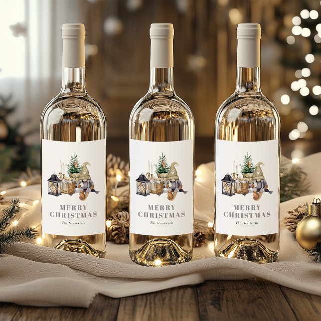 Watercolor Rustic Gnome Merry Christmas Wine Label (Creator Uploaded)