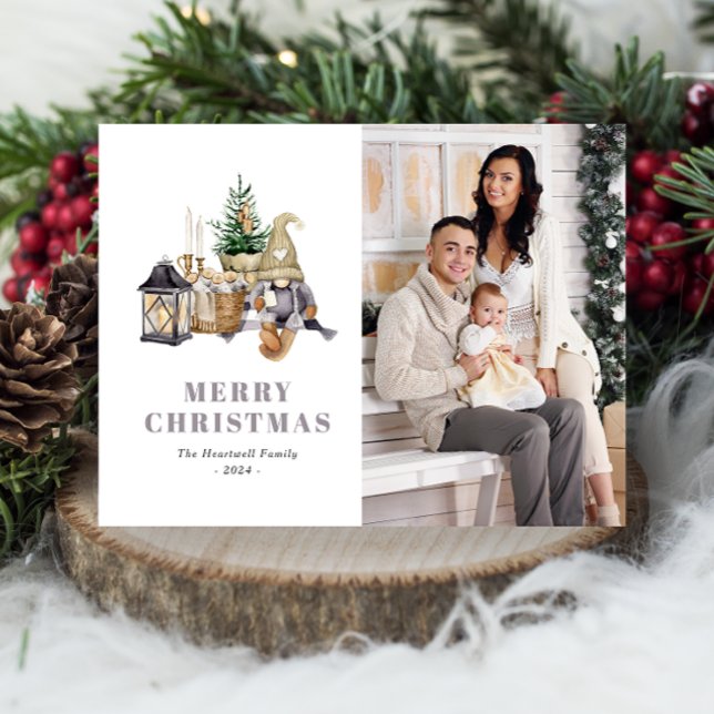 Watercolor Rustic Gnome Photo Holiday Postcard (Creator Uploaded)