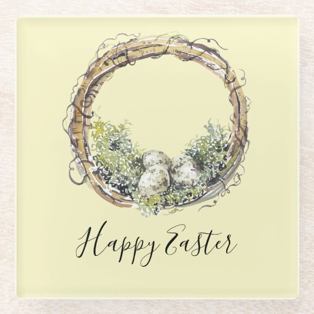 Watercolor Rustic Grapevine & Egg Nest Easter  Glass Coaster (Front)