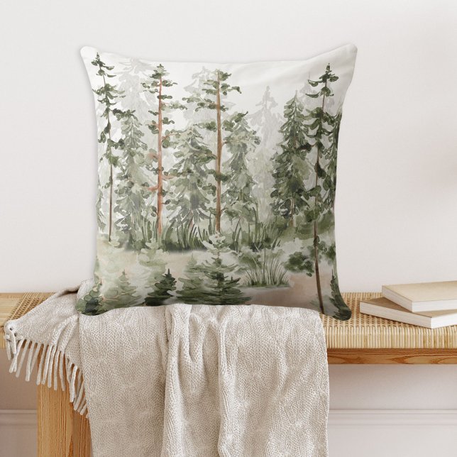 Watercolor Rustic Green Forest Cushion (In situ)