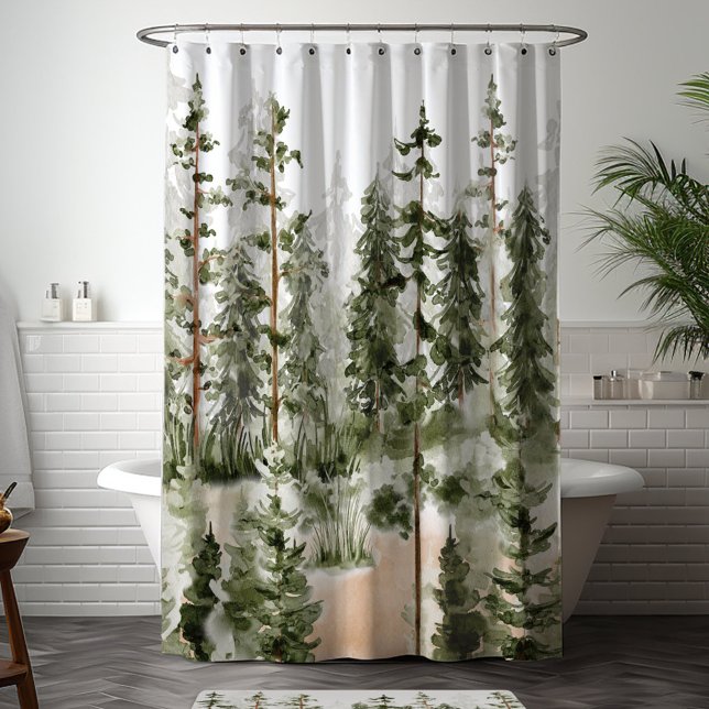 Watercolor Rustic Green Forest Shower Curtain (In situ bathroom)