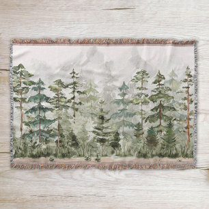 Watercolor Rustic Green Forest Throw Blanket