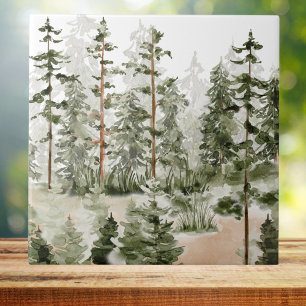 Watercolor Rustic Green Forest Tile