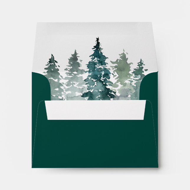 Watercolor Rustic Green Pine Trees RSVP Wedding Envelope (Back (Bottom))