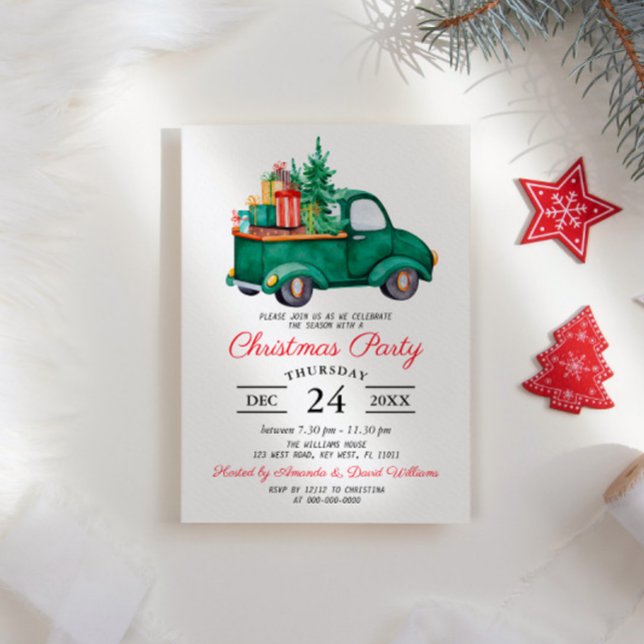 Watercolor Rustic Green Truck Christmas Party Invitation (Creator Uploaded)