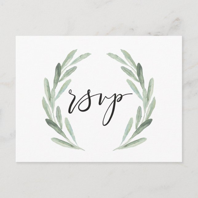 Watercolor Rustic Green Wreath Wedding RSVP Invitation Postcard (Front)