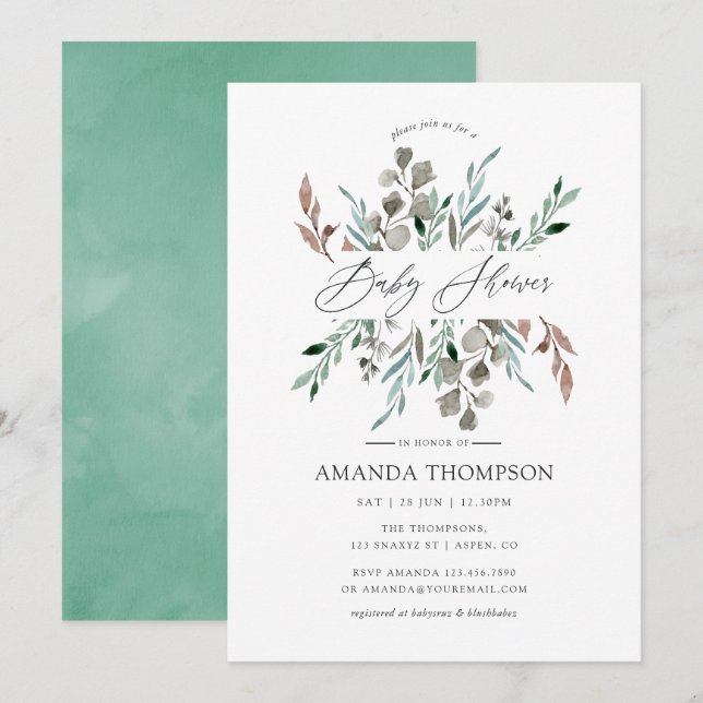 Watercolor Rustic Greenery Winter Baby Shower Invitation (Front/Back)
