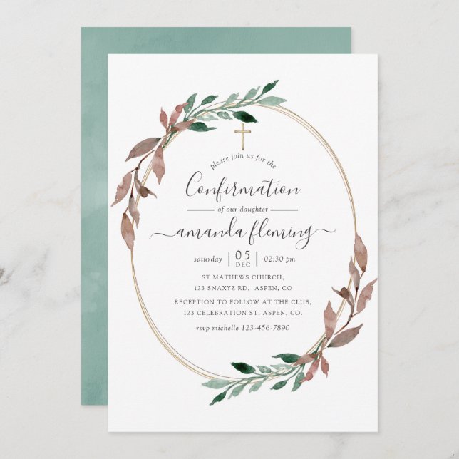 Watercolor Rustic Greenery Winter Confirmation Invitation (Front/Back)