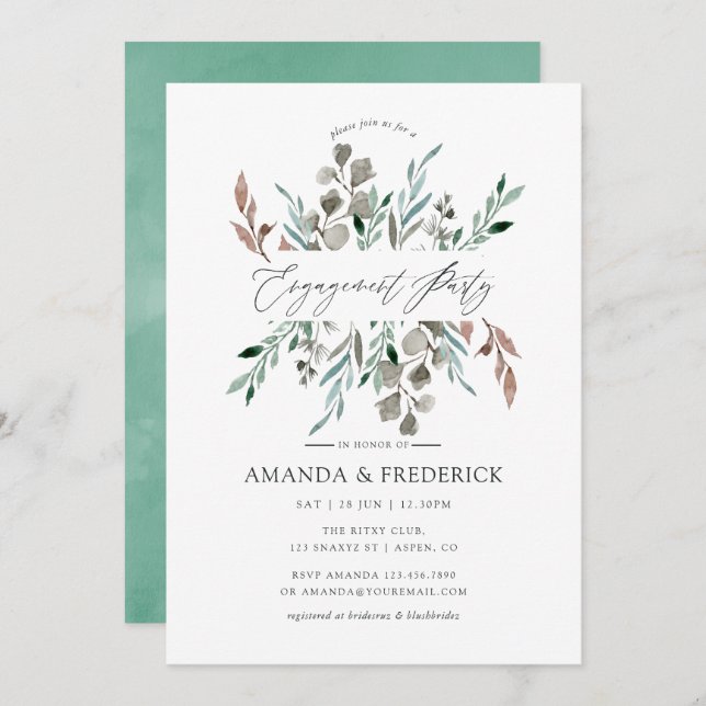 Watercolor Rustic Greenery Winter Engagement Party Invitation (Front/Back)