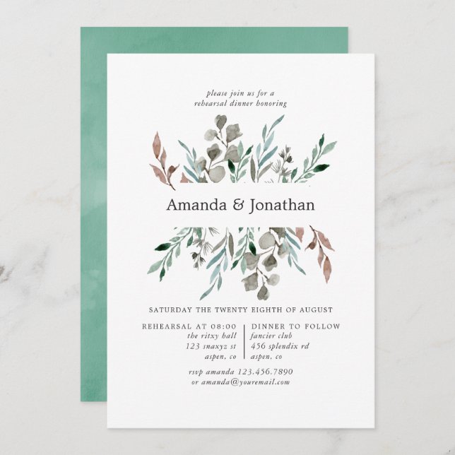 Watercolor Rustic Greenery Winter Rehearsal Dinner Invitation (Front/Back)