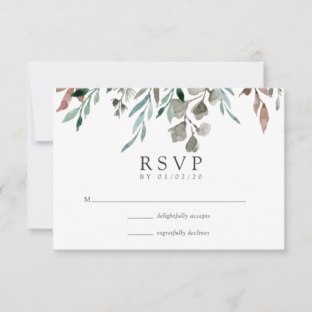 Watercolor Rustic Greenery Winter Wedding RSVP Card (Front)