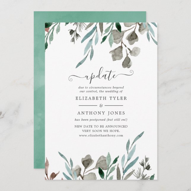 Watercolor Rustic Greenery Winter Wedding Update Invitation (Front/Back)