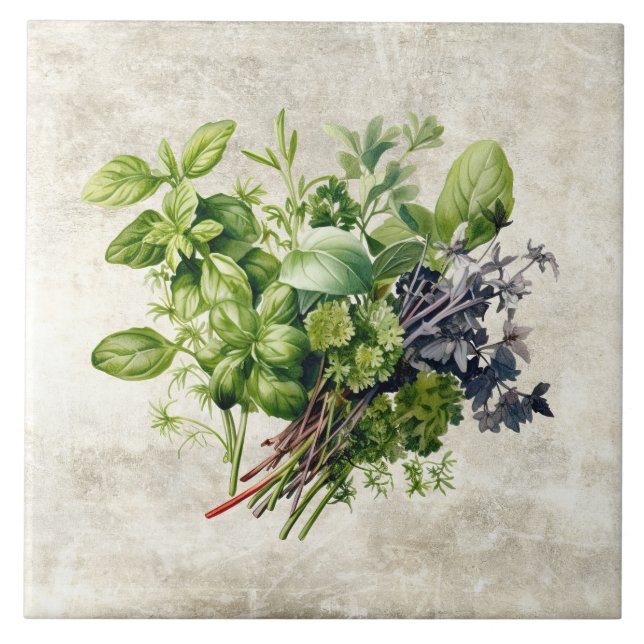 Watercolor Rustic Herbs Faux Texture  Tile (Front)