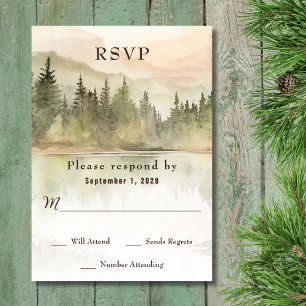 Watercolor Rustic Mountain Lake Forest Wedding RSVP Card