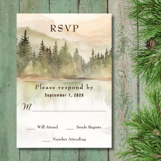 Watercolor Rustic Mountain Lake Forest Wedding RSVP Card