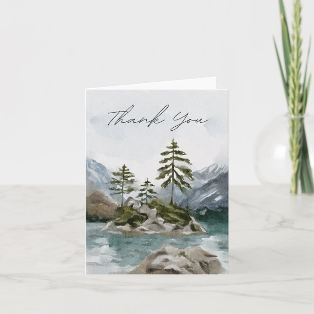Watercolor Rustic Mountain Lake Thank You Card (Front)