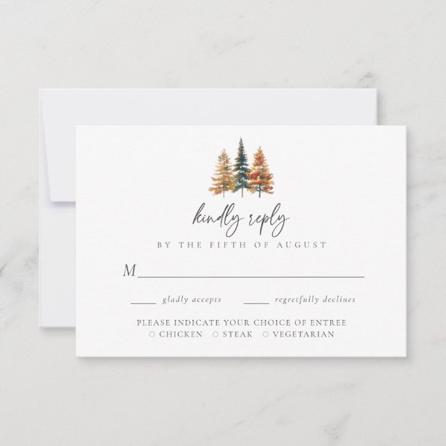 Watercolor Rustic Mountain Pine Forest Wedding RSVP Card (Front)