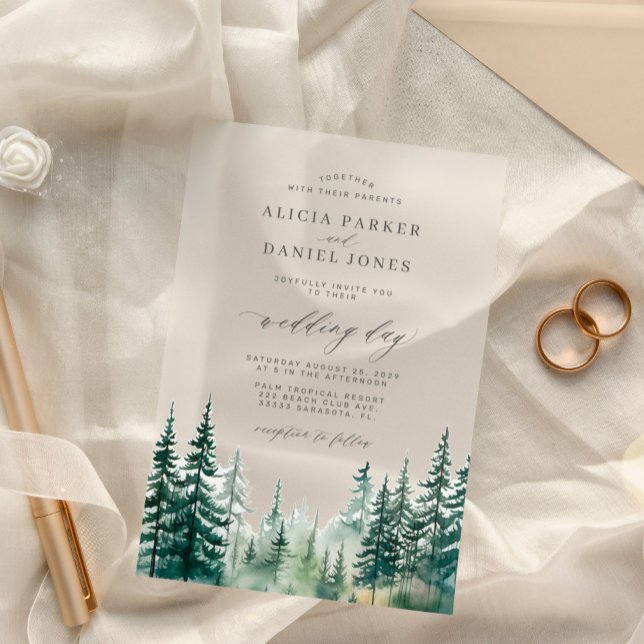 Watercolor rustic pine trees forest wedding acrylic invitations (Creator Uploaded)