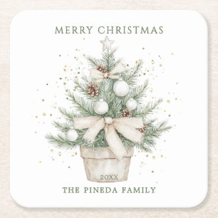 Watercolor Rustic Potted Christmas Tree Square Paper Coaster