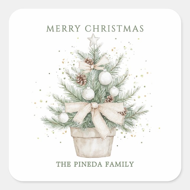 Watercolor Rustic Potted Christmas Tree Square Sticker (Front)