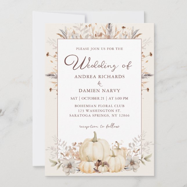 Watercolor Rustic Pumpkins Elegant Fall Wedding Invitation (Front)