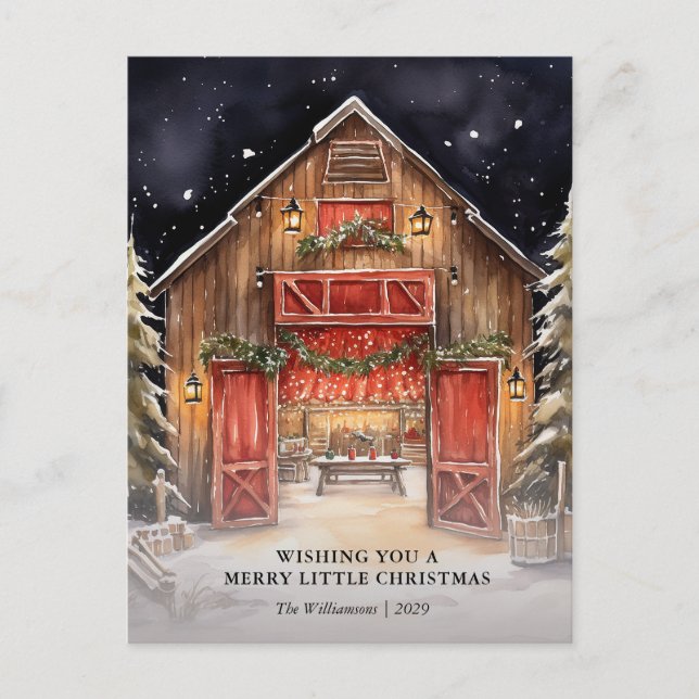 Watercolor Rustic Red Barn Country Christmas Card  (Front)