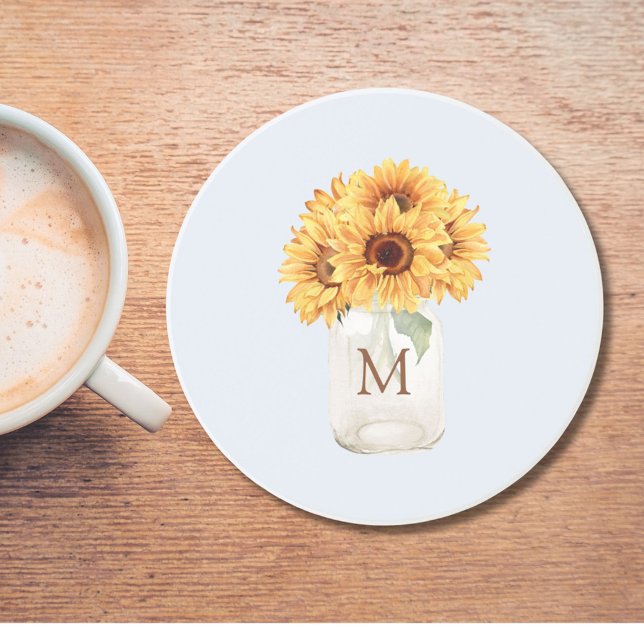 Watercolor Rustic Sunflower Bouquet in Mason Jar Coaster (In situ)