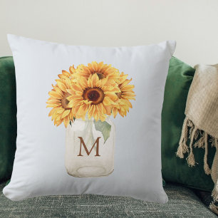 Watercolor Rustic Sunflower Bouquet in Mason Jar Cushion