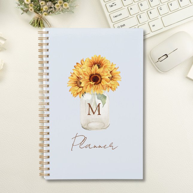 Watercolor Rustic Sunflower Bouquet in Mason Jar Planner (In situ)