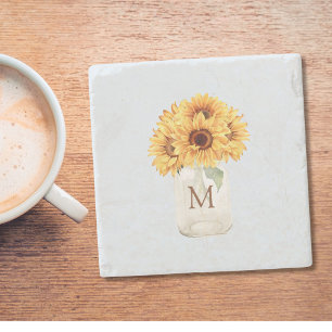 Watercolor Rustic Sunflower Bouquet in Mason Jar Stone Coaster