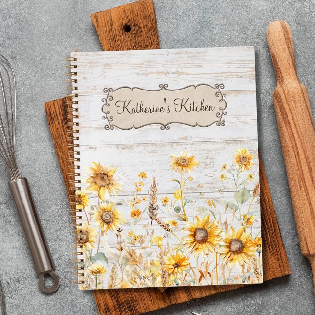 Watercolor Rustic Sunflower Wood Family Recipe Notebook (In situ)