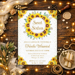 Watercolor Rustic Sunflowers Wreath Sweet 16 Invitation