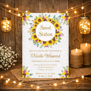 Watercolor Rustic Sunflowers Wreath Sweet 16 Invitation