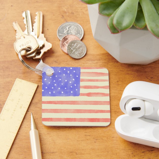 Watercolor rustic USA American flag Key Ring (Desk)