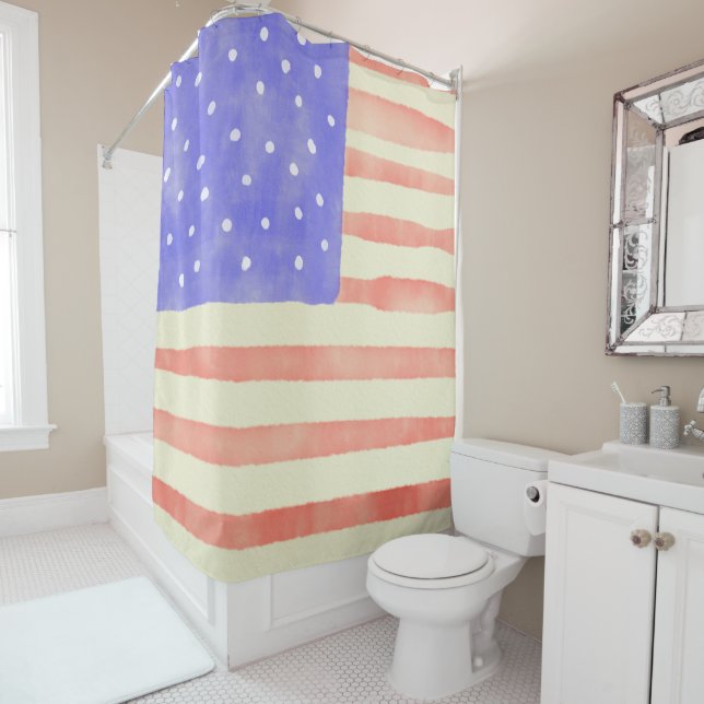 Watercolor rustic USA American flag Shower Curtain (In Situ)