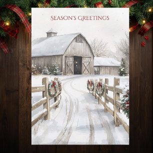 Watercolor Rustic Winter Barn Season's Greetings Holiday Card