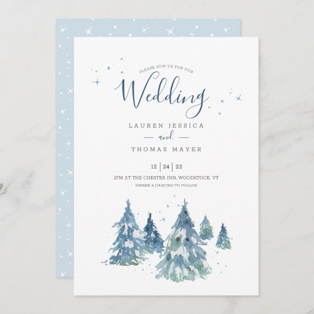 Watercolor Rustic Winter Tree Wedding Invitation (Front/Back)